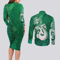 New Zealand Matariki Couples Matching Long Sleeve Bodycon Dress and Long Sleeve Button Shirt Maori Manaia Galaxy Silver Fern Green Color LT22 - Polynesian Pride