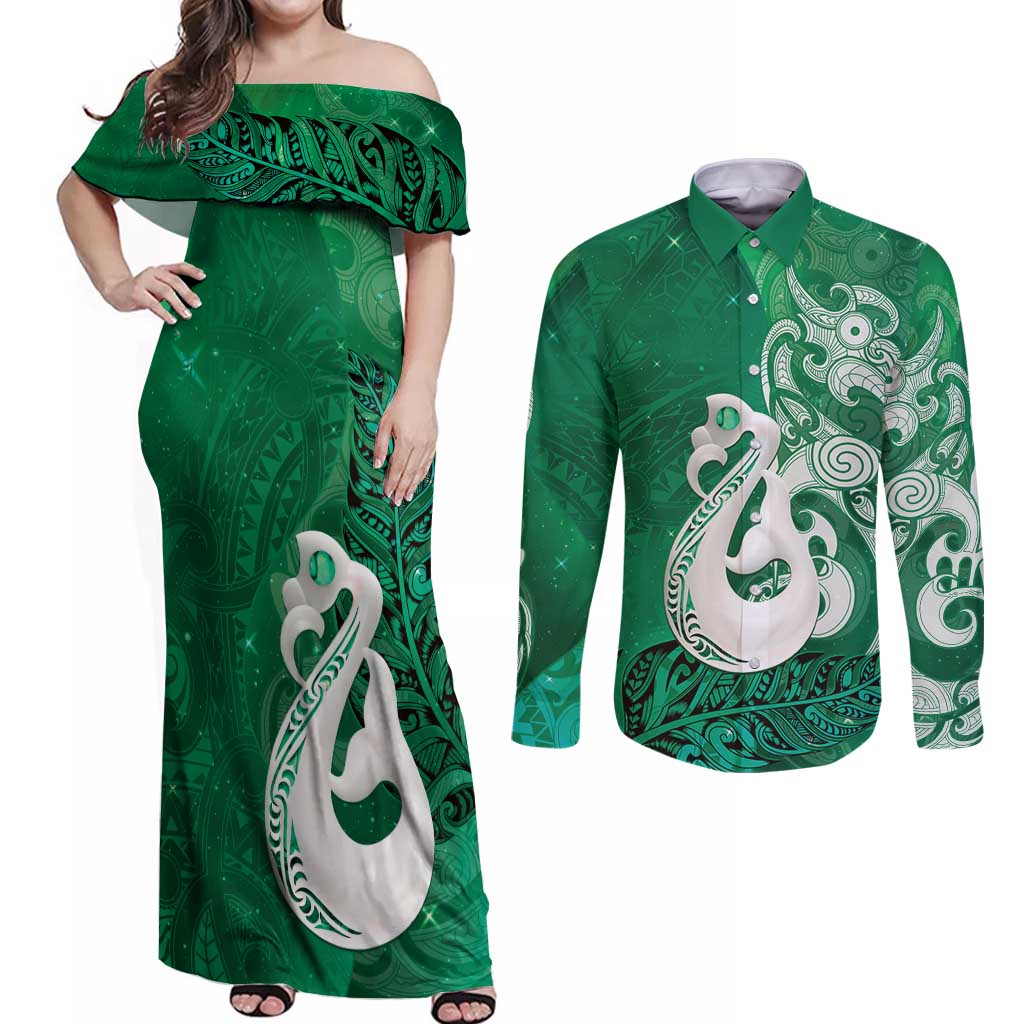 New Zealand Matariki Couples Matching Off Shoulder Maxi Dress and Long Sleeve Button Shirt Maori Manaia Galaxy Silver Fern Green Color LT22 Green - Polynesian Pride