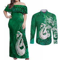 New Zealand Matariki Couples Matching Off Shoulder Maxi Dress and Long Sleeve Button Shirt Maori Manaia Galaxy Silver Fern Green Color LT22 Green - Polynesian Pride