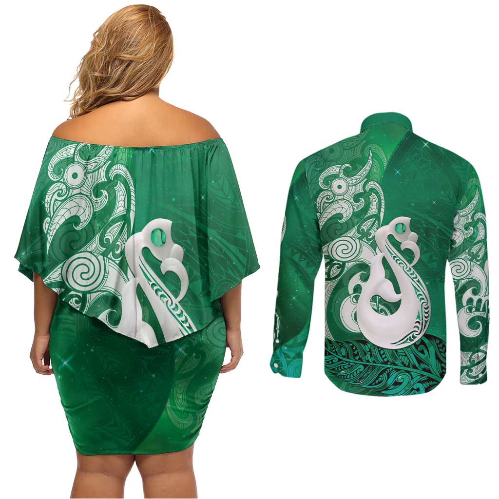 New Zealand Matariki Couples Matching Off Shoulder Short Dress and Long Sleeve Button Shirt Maori Manaia Galaxy Silver Fern Green Color LT22 - Polynesian Pride