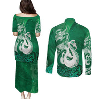 New Zealand Matariki Couples Matching Puletasi and Long Sleeve Button Shirt Maori Manaia Galaxy Silver Fern Green Color