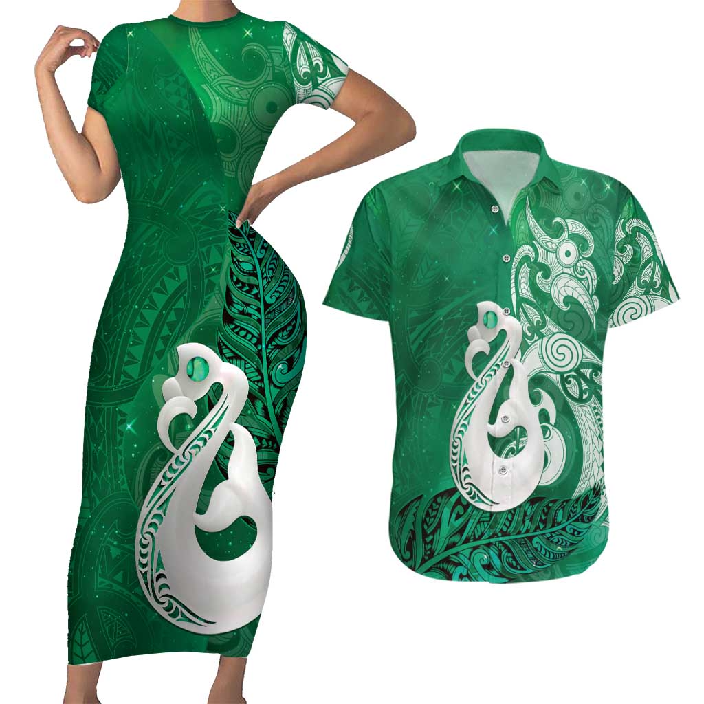 New Zealand Matariki Couples Matching Short Sleeve Bodycon Dress and Hawaiian Shirt Maori Manaia Galaxy Silver Fern Green Color LT22 Green - Polynesian Pride
