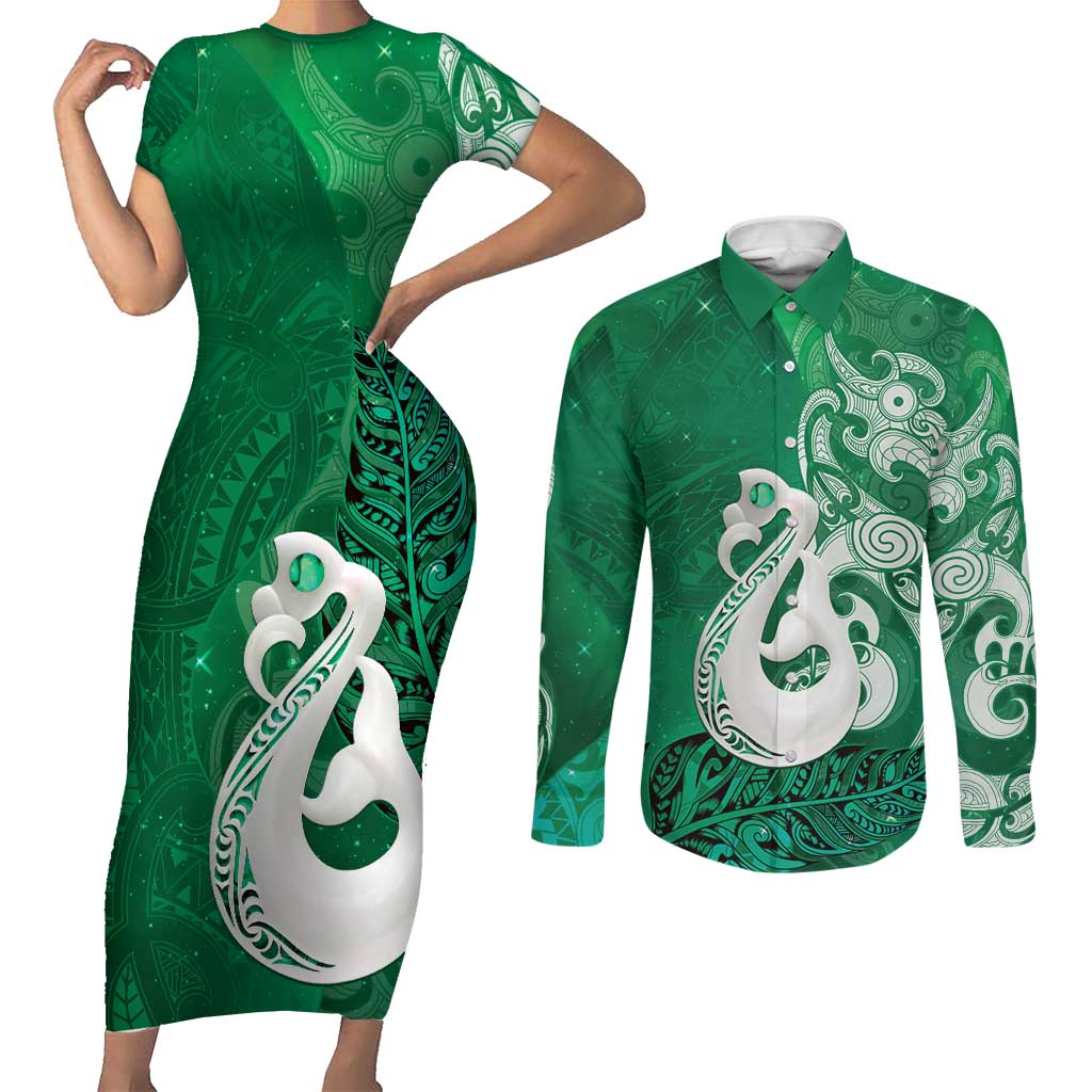 New Zealand Matariki Couples Matching Short Sleeve Bodycon Dress and Long Sleeve Button Shirt Maori Manaia Galaxy Silver Fern Green Color LT22 Green - Polynesian Pride