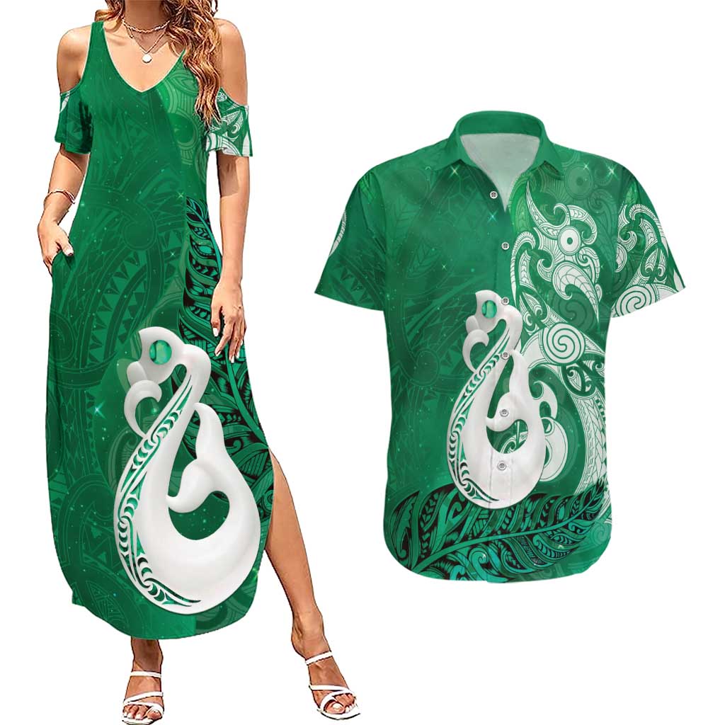 New Zealand Matariki Couples Matching Summer Maxi Dress and Hawaiian Shirt Maori Manaia Galaxy Silver Fern Green Color