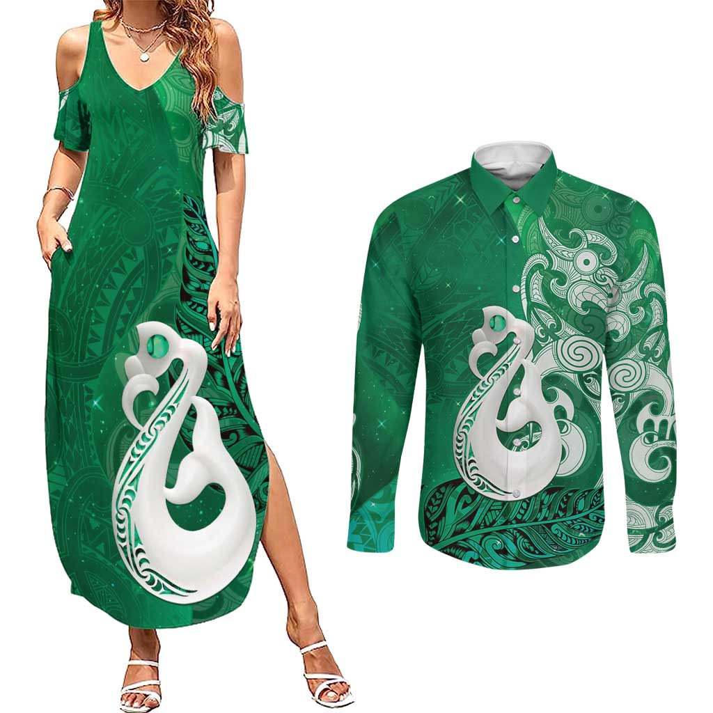 New Zealand Matariki Couples Matching Summer Maxi Dress and Long Sleeve Button Shirt Maori Manaia Galaxy Silver Fern Green Color