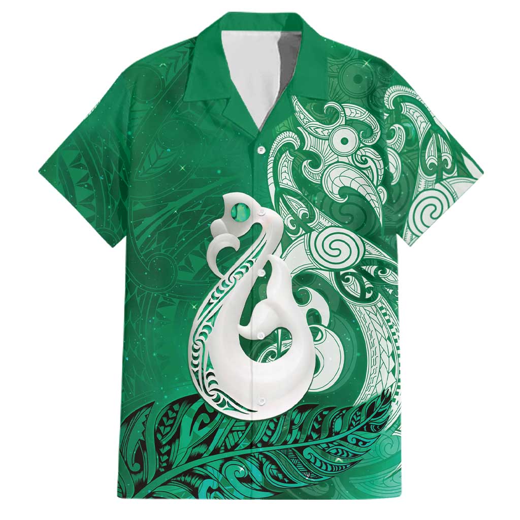 New Zealand Matariki Family Matching Mermaid Dress and Hawaiian Shirt Maori Manaia Galaxy Silver Fern Green Color LT22 Dad's Shirt - Short Sleeve Green - Polynesian Pride