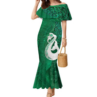New Zealand Matariki Family Matching Mermaid Dress and Hawaiian Shirt Maori Manaia Galaxy Silver Fern Green Color LT22 Mom's Dress Green - Polynesian Pride