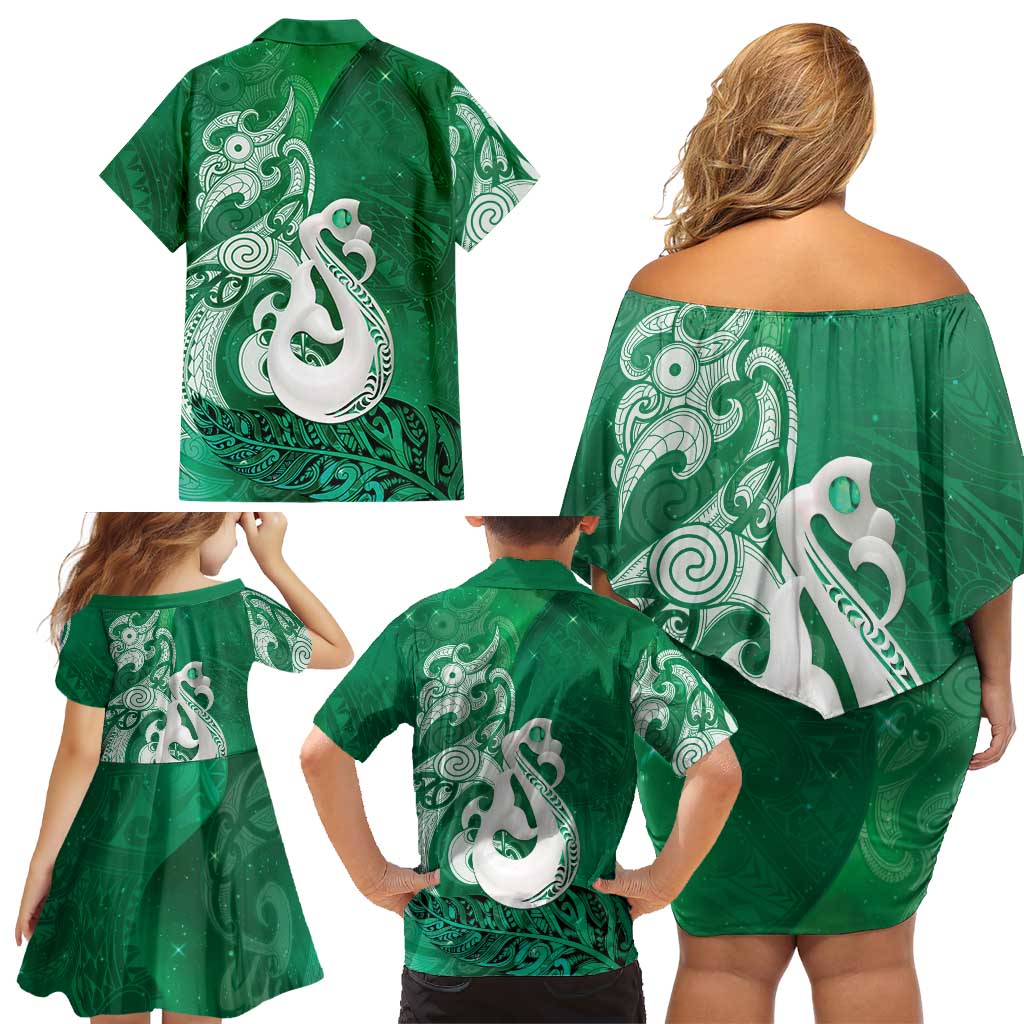 New Zealand Matariki Family Matching Off Shoulder Short Dress and Hawaiian Shirt Maori Manaia Galaxy Silver Fern Green Color LT22 - Polynesian Pride
