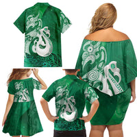 New Zealand Matariki Family Matching Off Shoulder Short Dress and Hawaiian Shirt Maori Manaia Galaxy Silver Fern Green Color LT22 - Polynesian Pride