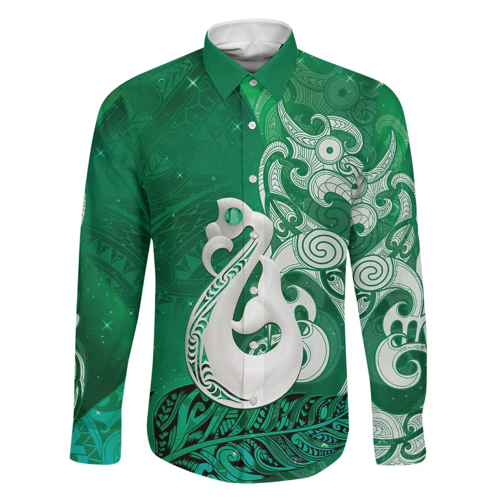 New Zealand Matariki Family Matching Off Shoulder Short Dress and Hawaiian Shirt Maori Manaia Galaxy Silver Fern Green Color LT22 Dad's Shirt - Long Sleeve Green - Polynesian Pride