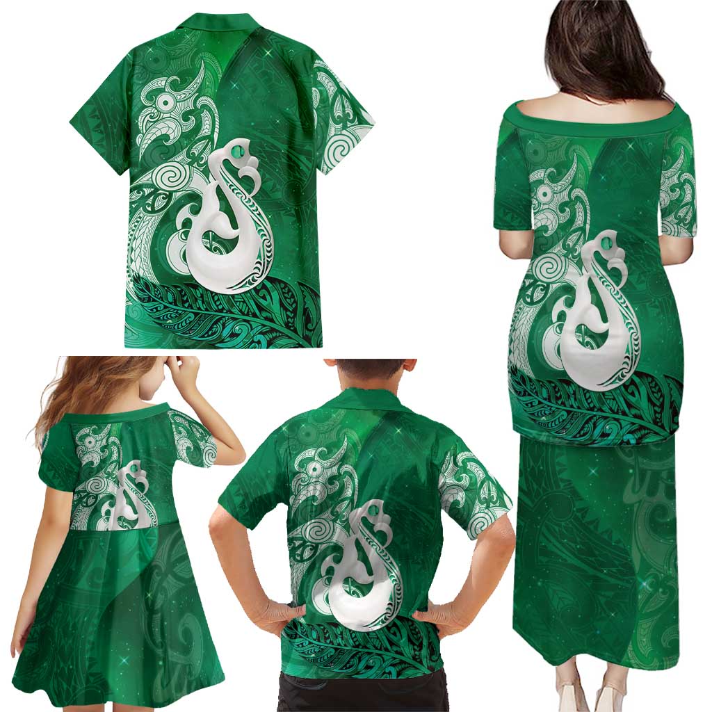 New Zealand Matariki Family Matching Puletasi and Hawaiian Shirt Maori Manaia Galaxy Silver Fern Green Color LT22 - Polynesian Pride