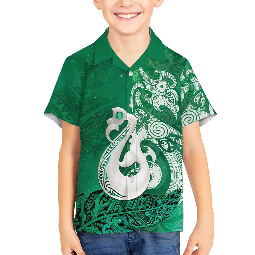 New Zealand Matariki Family Matching Tank Maxi Dress and Hawaiian Shirt Maori Manaia Galaxy Silver Fern Green Color LT22 Son's Shirt Green - Polynesian Pride