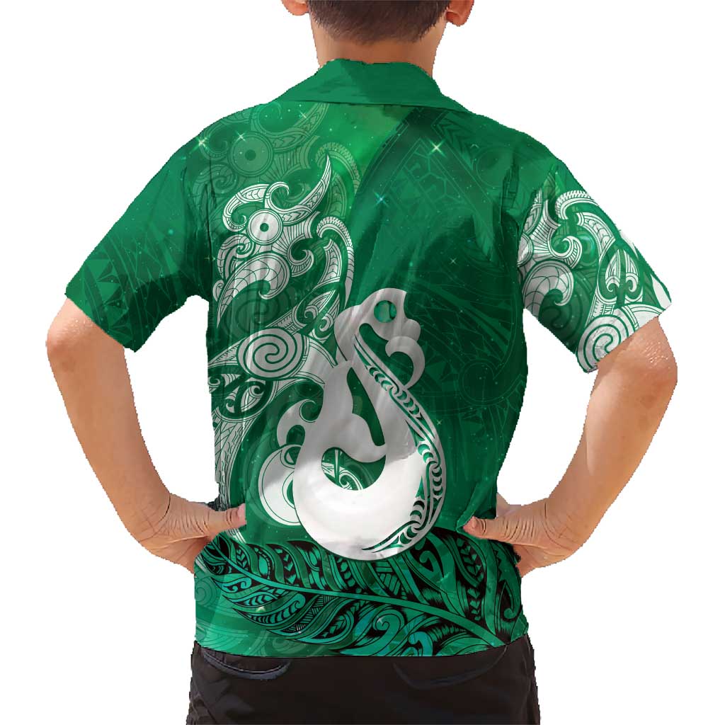 New Zealand Matariki Kid Hawaiian Shirt Maori Manaia Galaxy Silver Fern Green Color