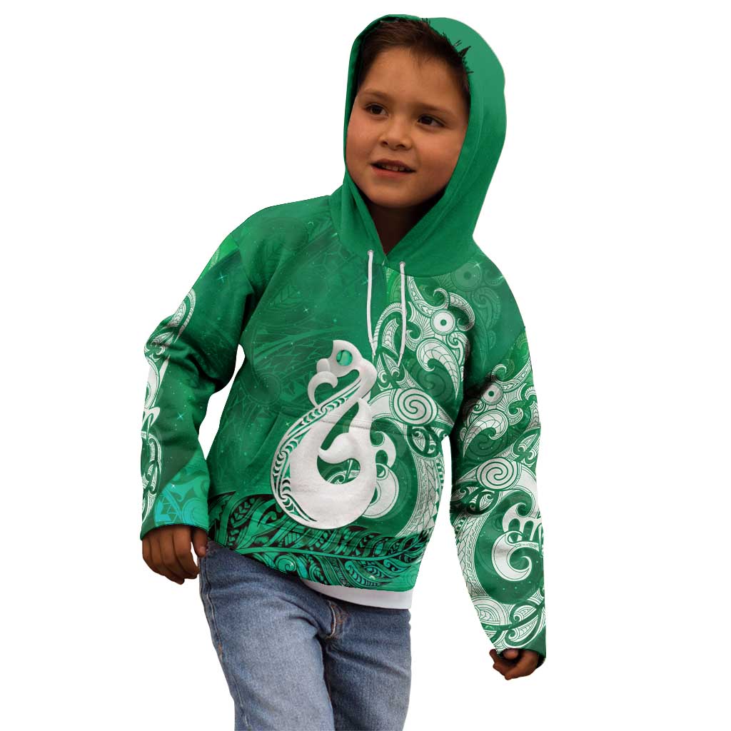 New Zealand Matariki Kid Hoodie Maori Manaia Galaxy Silver Fern Green Color