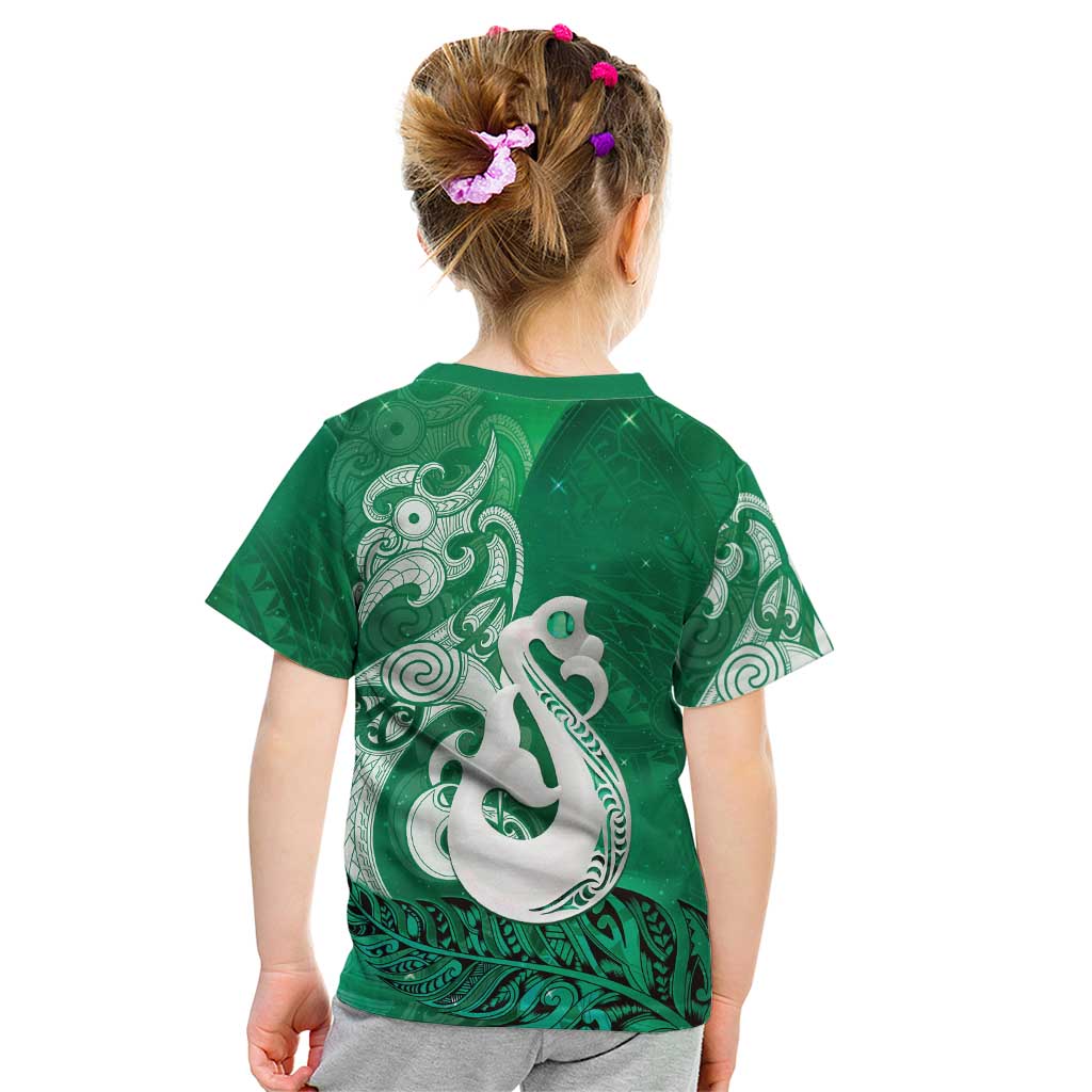 New Zealand Matariki Kid T Shirt Maori Manaia Galaxy Silver Fern Green Color