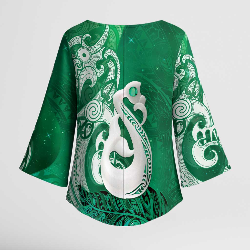 New Zealand Matariki Kimono Sleeve Blouse Maori Manaia Galaxy Silver Fern Green Color LT22 - Polynesian Pride