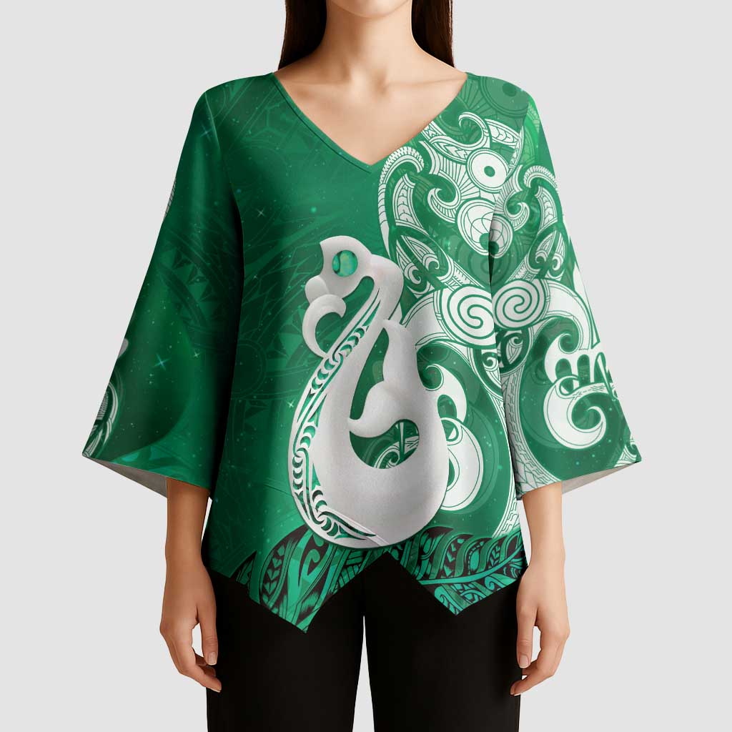 New Zealand Matariki Kimono Sleeve Blouse Maori Manaia Galaxy Silver Fern Green Color LT22 - Polynesian Pride