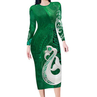 New Zealand Matariki Long Sleeve Bodycon Dress Maori Manaia Galaxy Silver Fern Green Color LT22 Long Dress Green - Polynesian Pride