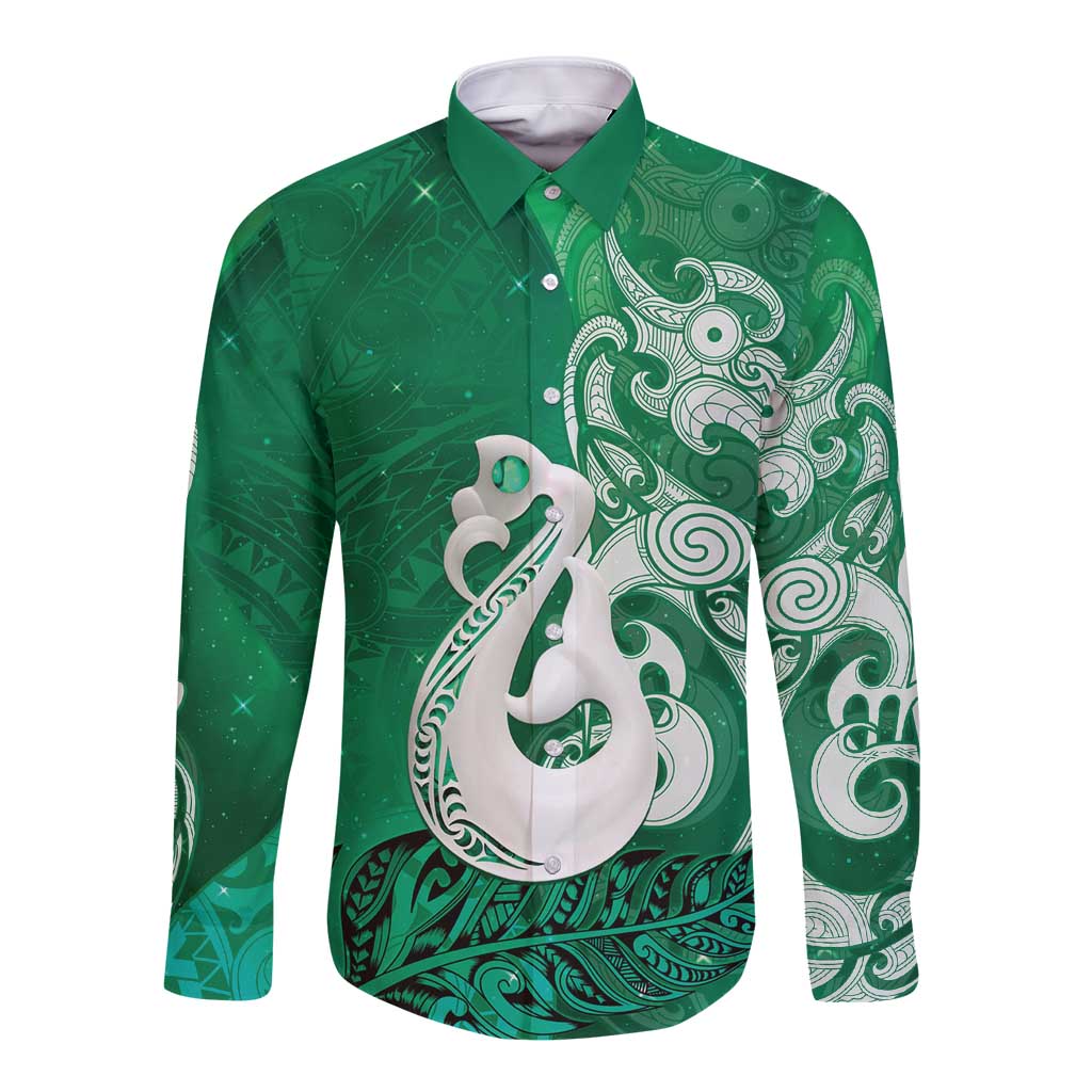 New Zealand Matariki Long Sleeve Button Shirt Maori Manaia Galaxy Silver Fern Green Color LT22 Unisex Green - Polynesian Pride