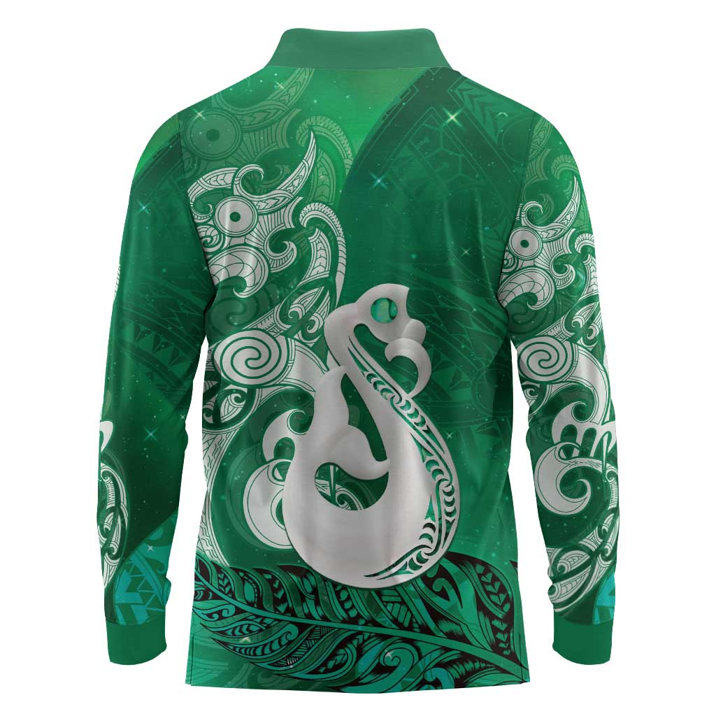 New Zealand Matariki Long Sleeve Polo Shirt Maori Manaia Galaxy Silver Fern Green Color