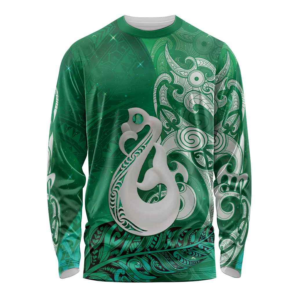 New Zealand Matariki Long Sleeve Shirt Maori Manaia Galaxy Silver Fern Green Color