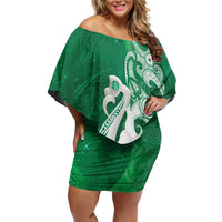 New Zealand Matariki Off Shoulder Short Dress Maori Manaia Galaxy Silver Fern Green Color
