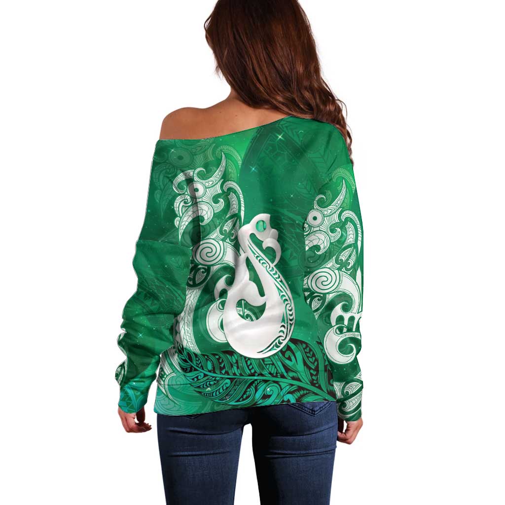 New Zealand Matariki Off Shoulder Sweater Maori Manaia Galaxy Silver Fern Green Color LT22 - Polynesian Pride