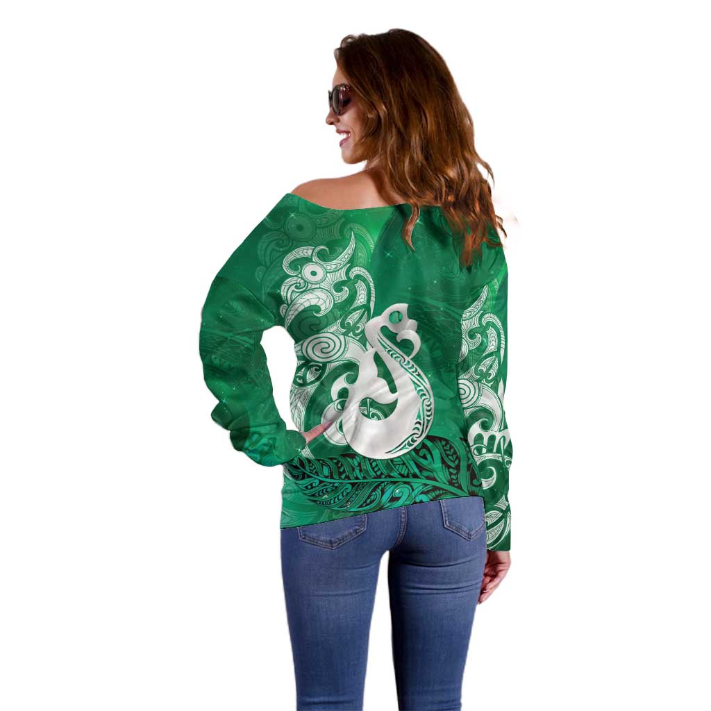 New Zealand Matariki Off Shoulder Sweater Maori Manaia Galaxy Silver Fern Green Color LT22 - Polynesian Pride