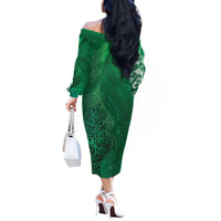 New Zealand Matariki Off The Shoulder Long Sleeve Dress Maori Manaia Galaxy Silver Fern Green Color LT22 - Polynesian Pride