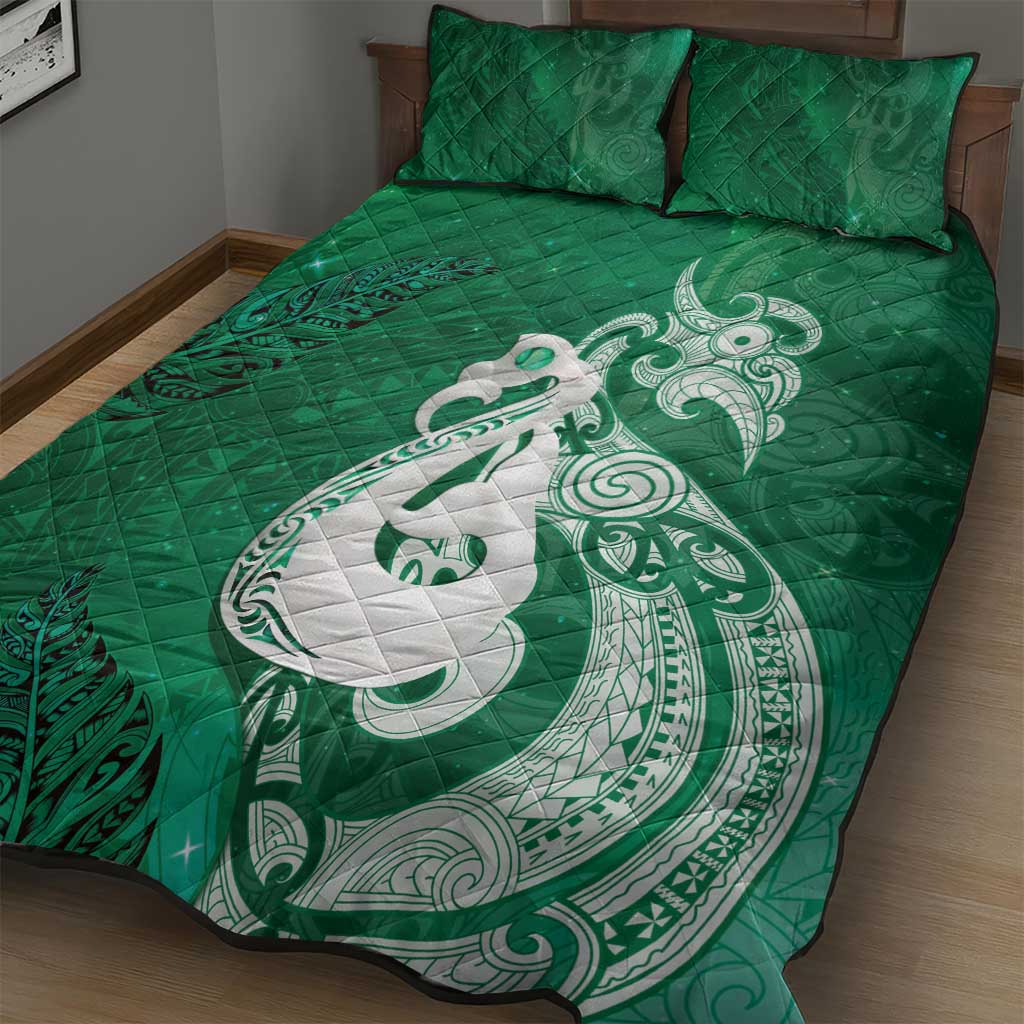 New Zealand Matariki Quilt Bed Set Maori Manaia Galaxy Silver Fern Green Color LT22 - Polynesian Pride