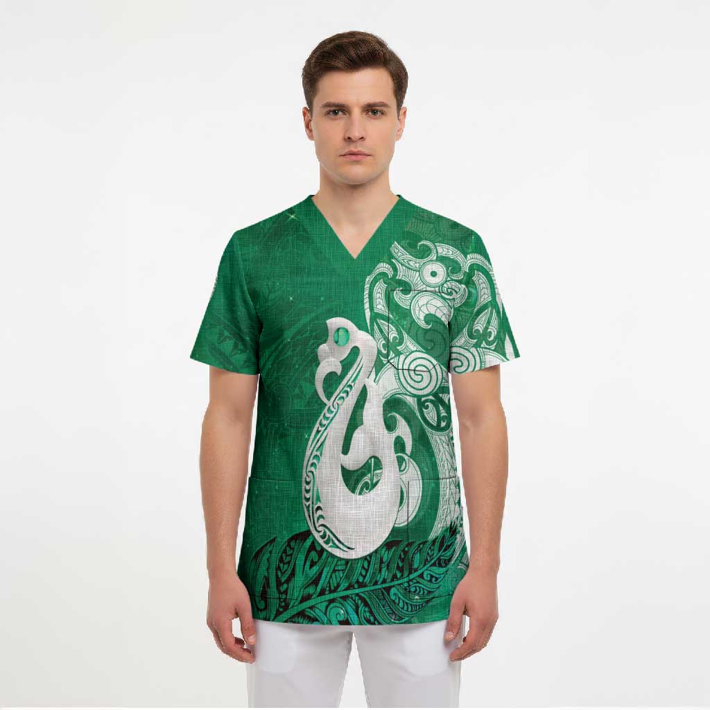 New Zealand Matariki Scrub Top Maori Manaia Galaxy Silver Fern Green Color LT22 - Polynesian Pride