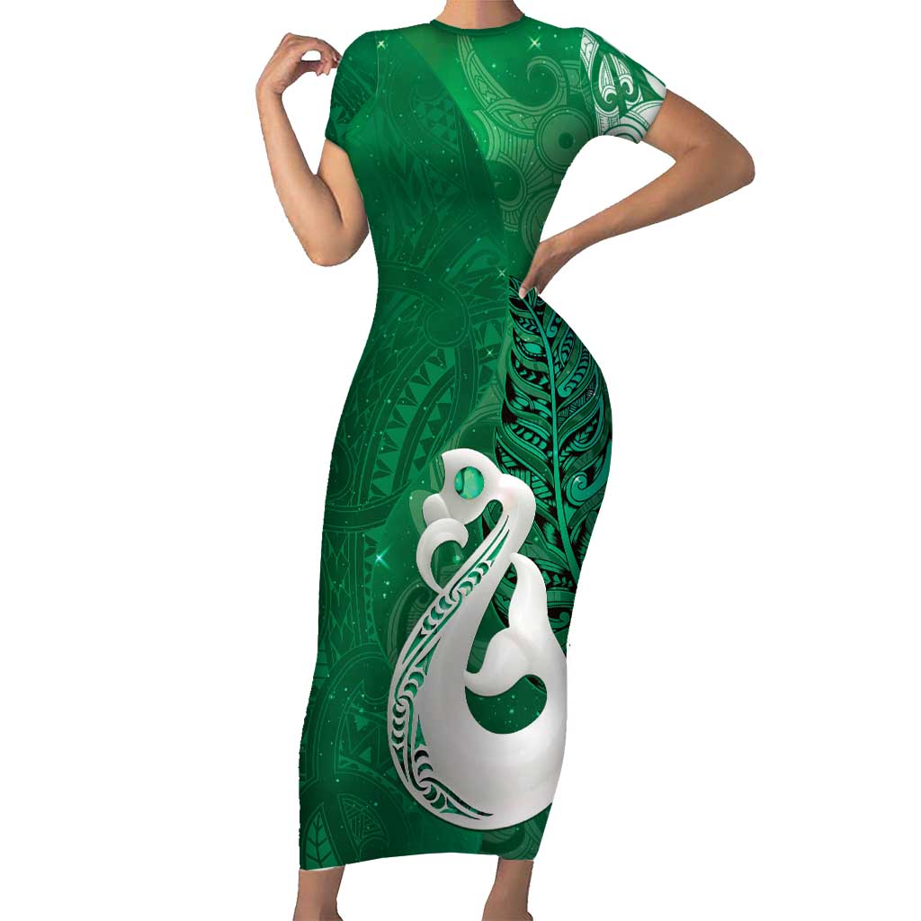 New Zealand Matariki Short Sleeve Bodycon Dress Maori Manaia Galaxy Silver Fern Green Color