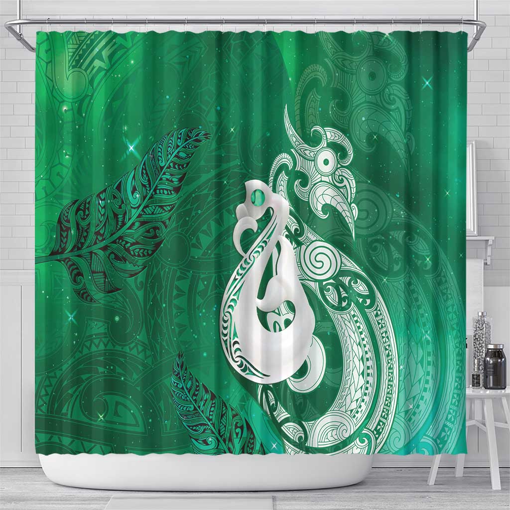 New Zealand Matariki Shower Curtain Maori Manaia Galaxy Silver Fern Green Color LT22 - Polynesian Pride