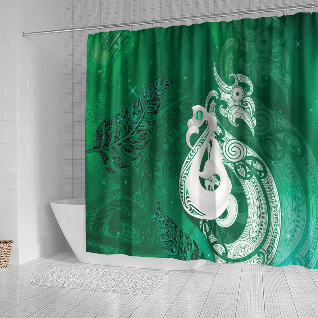 New Zealand Matariki Shower Curtain Maori Manaia Galaxy Silver Fern Green Color LT22 - Polynesian Pride