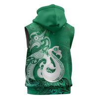New Zealand Matariki Sleeveless Hoodie Maori Manaia Galaxy Silver Fern Green Color