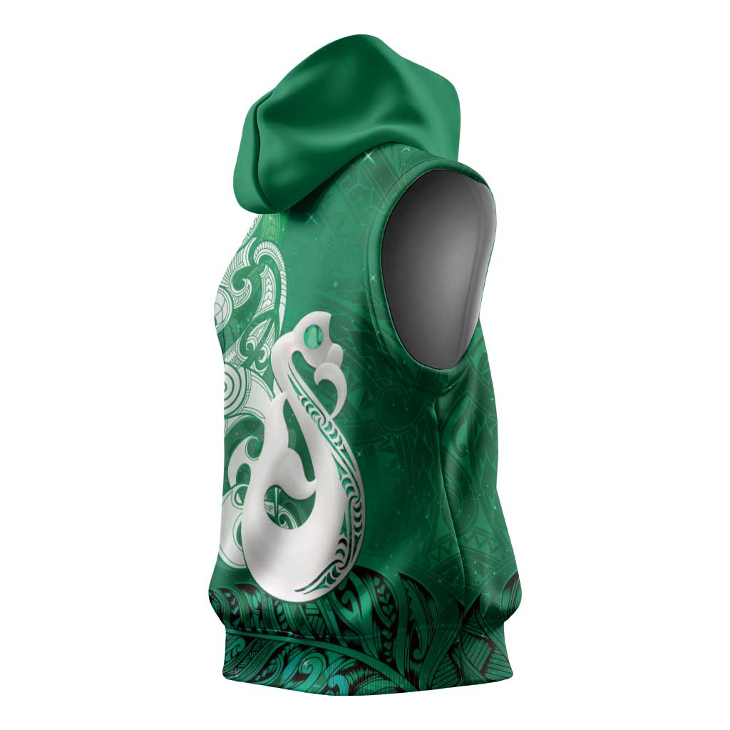 New Zealand Matariki Sleeveless Hoodie Maori Manaia Galaxy Silver Fern Green Color