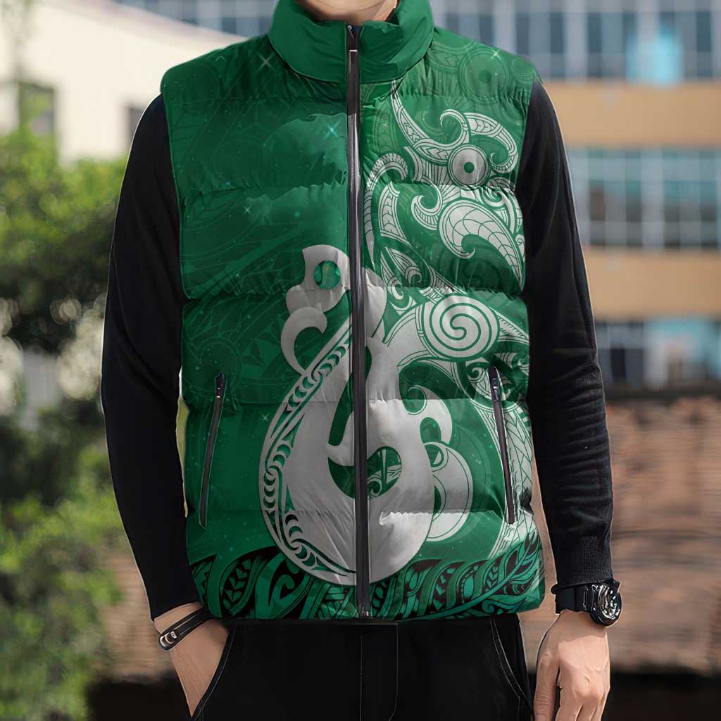 New Zealand Matariki Sleeveless Puffer Jacket Maori Manaia Galaxy Silver Fern Green Color LT22 - Polynesian Pride