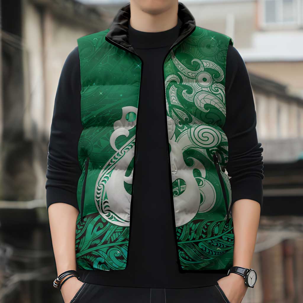 New Zealand Matariki Sleeveless Puffer Jacket Maori Manaia Galaxy Silver Fern Green Color LT22 - Polynesian Pride