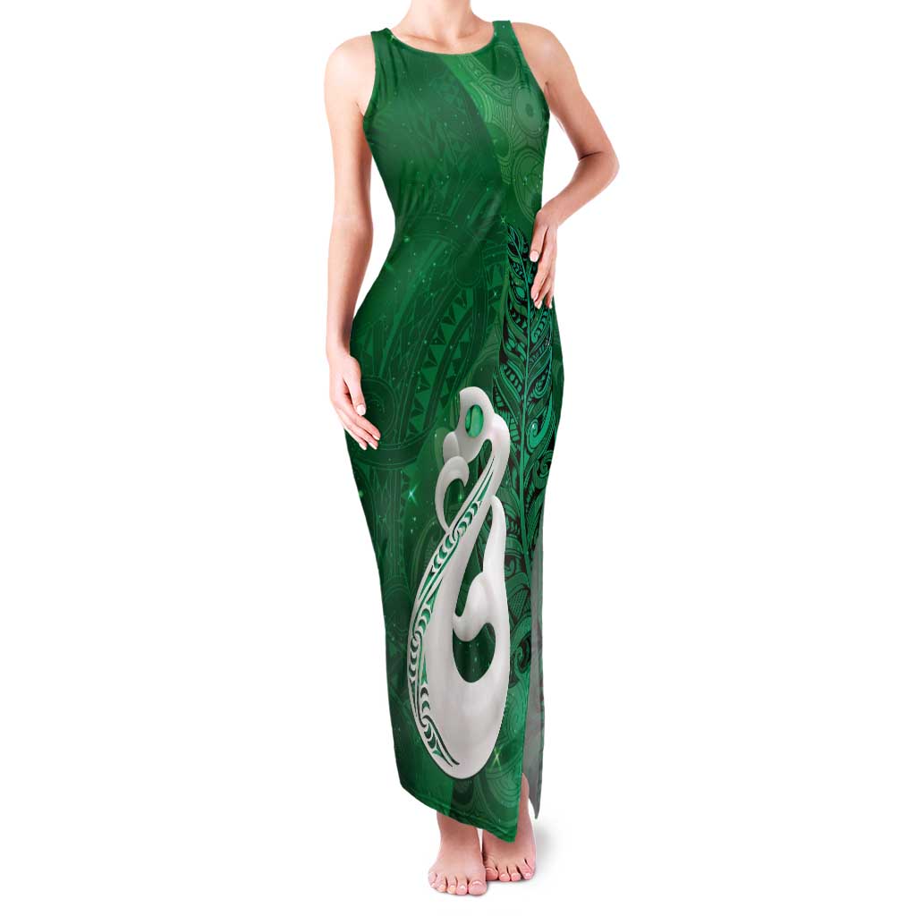 New Zealand Matariki Tank Maxi Dress Maori Manaia Galaxy Silver Fern Green Color