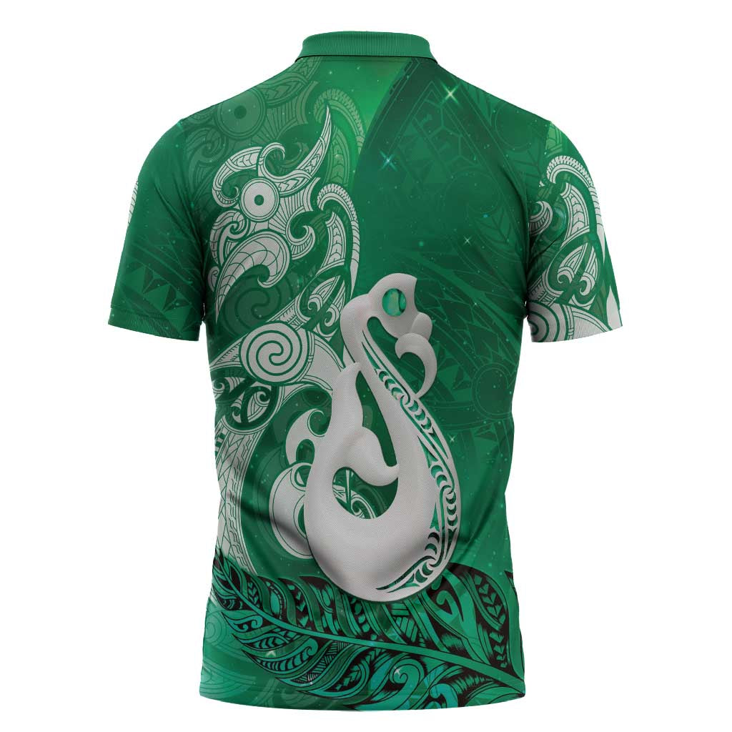 New Zealand Matariki Zipper Polo Shirt Maori Manaia Galaxy Silver Fern Green Color LT22 - Polynesian Pride