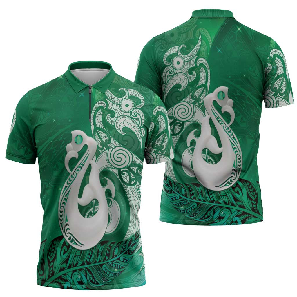 New Zealand Matariki Zipper Polo Shirt Maori Manaia Galaxy Silver Fern Green Color LT22 - Polynesian Pride