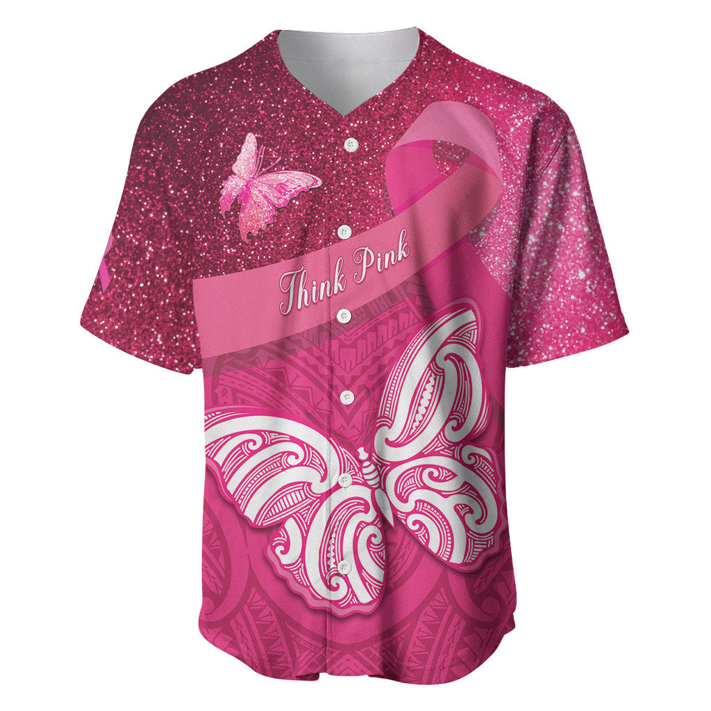 New Zealand Breast Cancer Awareness Baseball Jersey Pink Ribbon Butterfly Maori Pattern LT22 Pink - Polynesian Pride