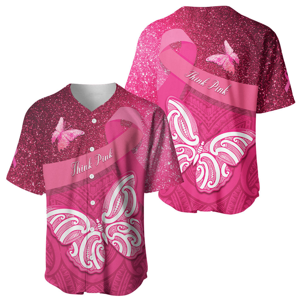 New Zealand Breast Cancer Awareness Baseball Jersey Pink Ribbon Butterfly Maori Pattern LT22 - Polynesian Pride