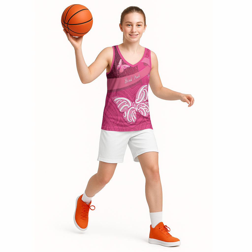 New Zealand Breast Cancer Awareness Basketball Jersey Pink Ribbon Butterfly Maori Pattern LT22 - Polynesian Pride