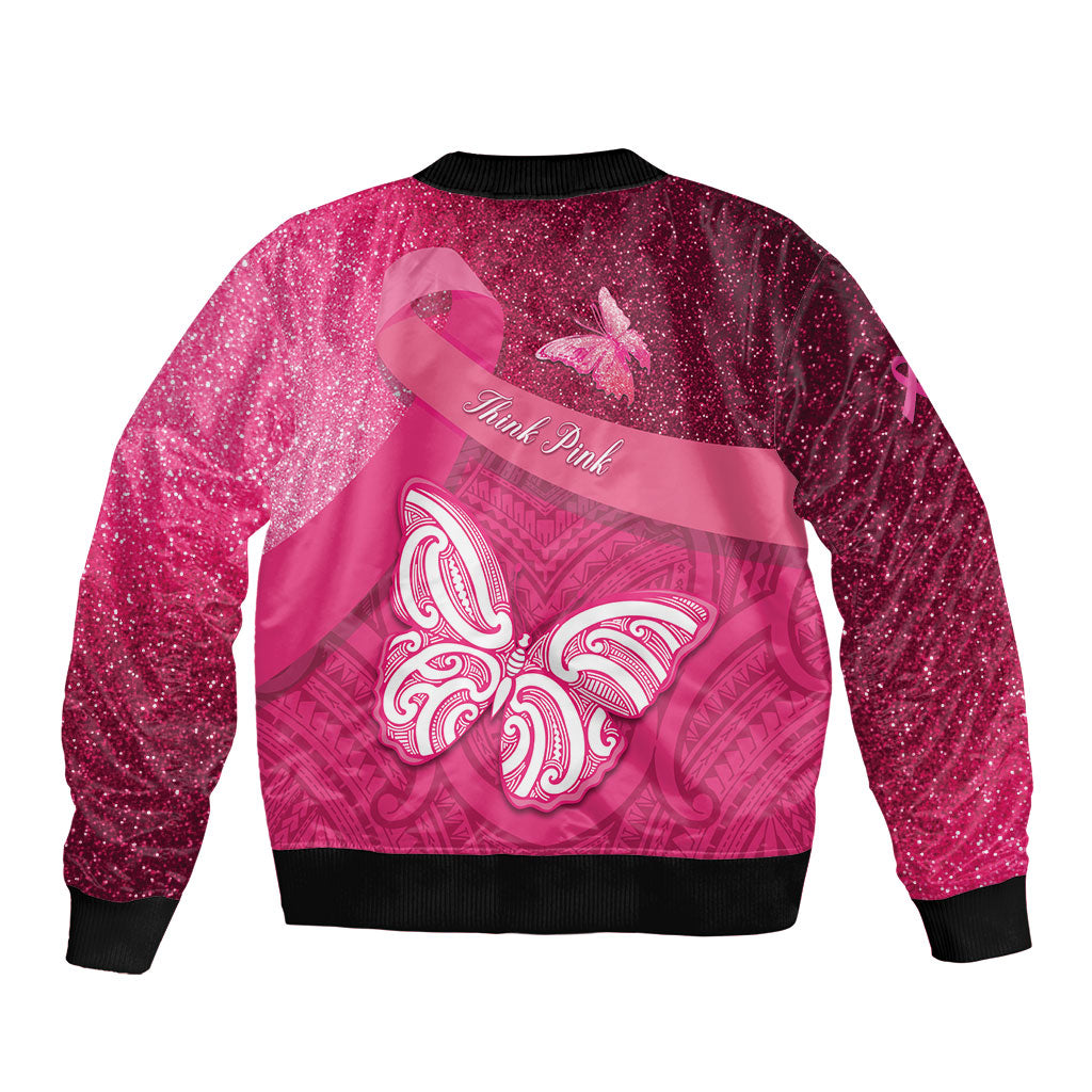 New Zealand Breast Cancer Awareness Bomber Jacket Pink Ribbon Butterfly Maori Pattern