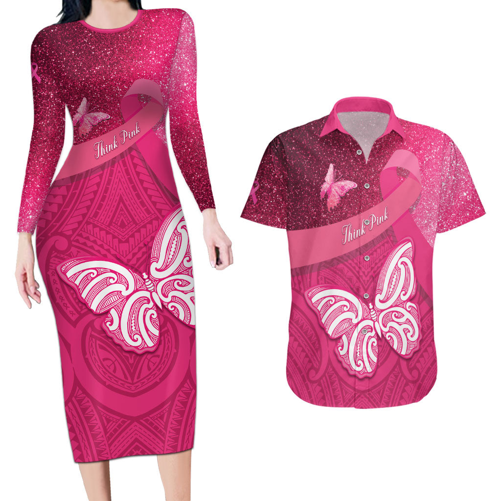 New Zealand Breast Cancer Awareness Couples Matching Long Sleeve Bodycon Dress and Hawaiian Shirt Pink Ribbon Butterfly Maori Pattern