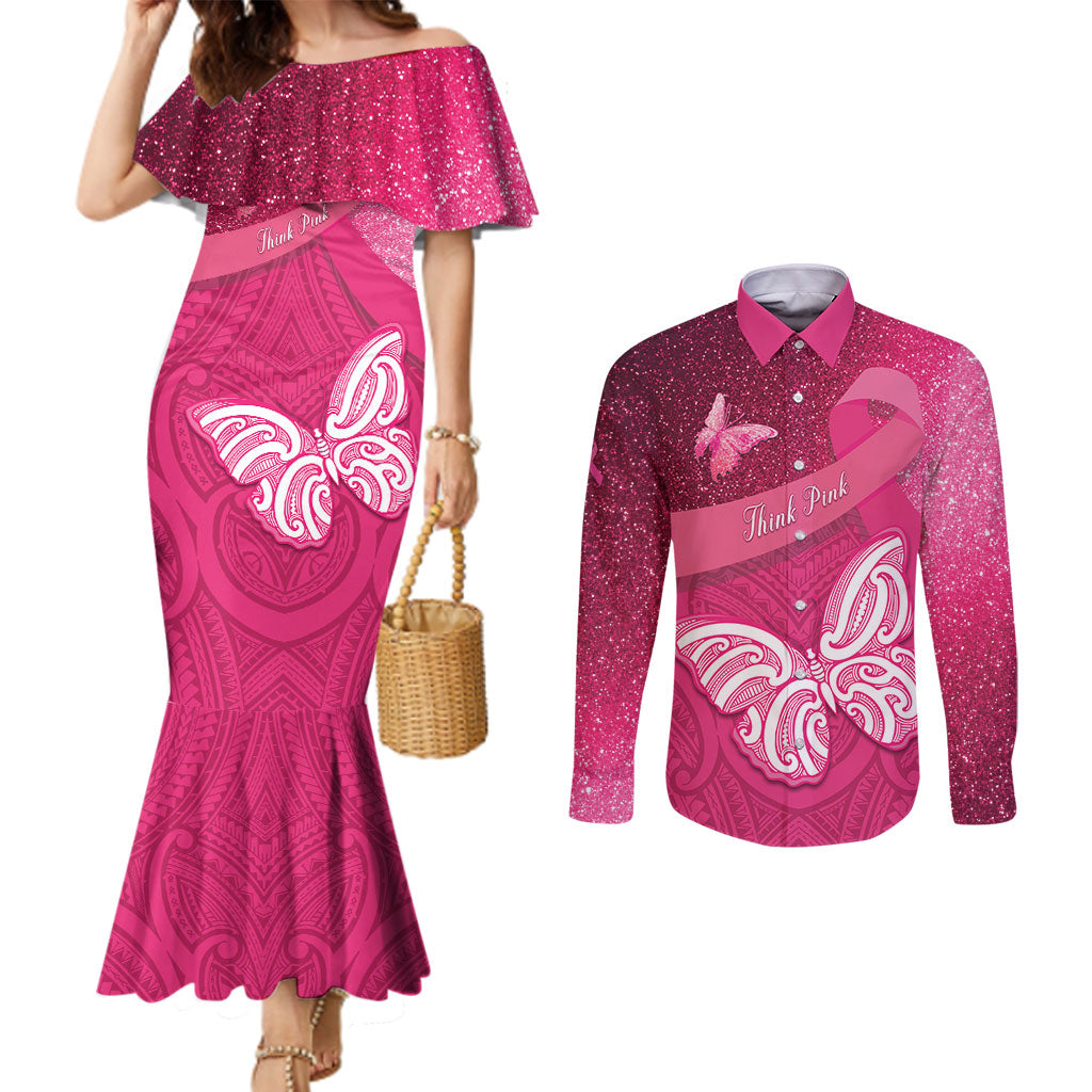 New Zealand Breast Cancer Awareness Couples Matching Mermaid Dress and Long Sleeve Button Shirt Pink Ribbon Butterfly Maori Pattern
