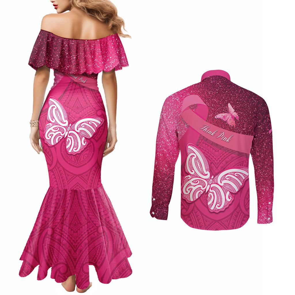 New Zealand Breast Cancer Awareness Couples Matching Mermaid Dress and Long Sleeve Button Shirt Pink Ribbon Butterfly Maori Pattern LT22 - Polynesian Pride