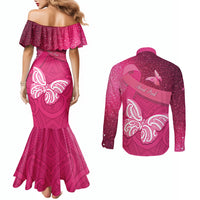 New Zealand Breast Cancer Awareness Couples Matching Mermaid Dress and Long Sleeve Button Shirt Pink Ribbon Butterfly Maori Pattern LT22 - Polynesian Pride