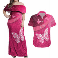 New Zealand Breast Cancer Awareness Couples Matching Off Shoulder Maxi Dress and Hawaiian Shirt Pink Ribbon Butterfly Maori Pattern LT22 Pink - Polynesian Pride